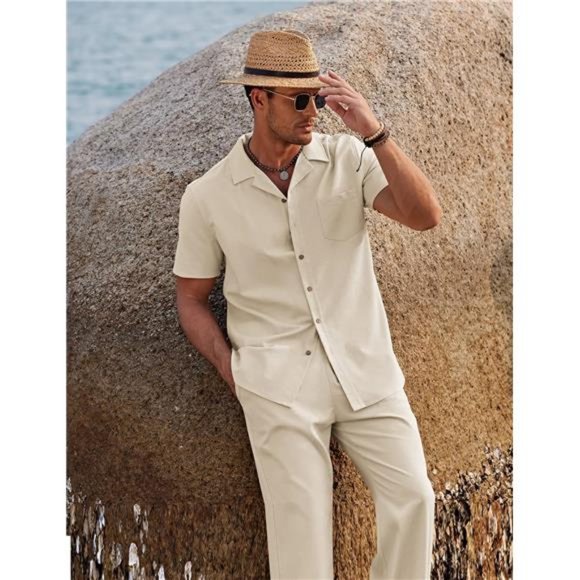 Men 2 Piece Linen Outfit Beach Button Down Shirt Casual Loose Pant Sets - Picture 3 of 6